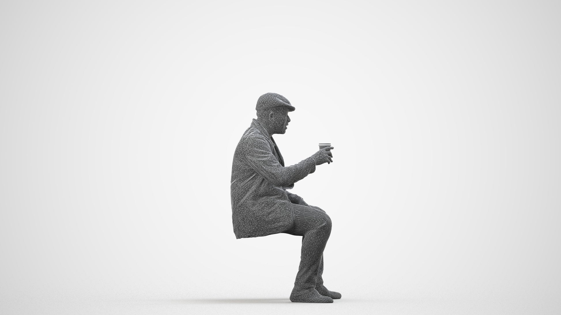 3D scanned man sitting casual, photorealistic archviz people for Enscape and SketchUp, wireframe side view