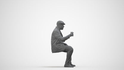 3D scanned man sitting casual, photorealistic archviz people for Enscape and SketchUp, wireframe side view