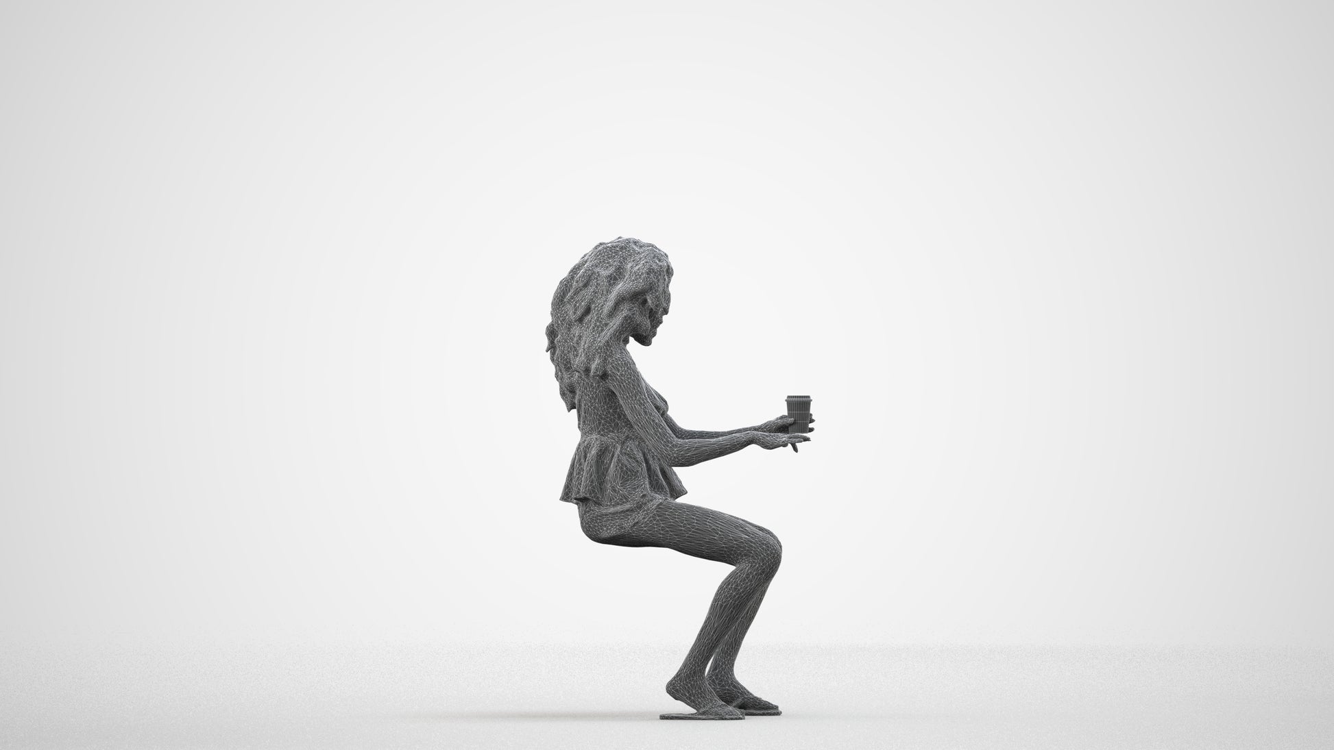 3D human model woman casual sitting, photogrammetry scanned person for archviz, wireframe side view