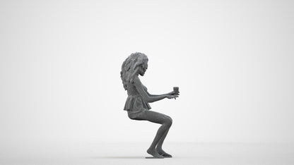 3D human model woman casual sitting, photogrammetry scanned person for archviz, wireframe side view