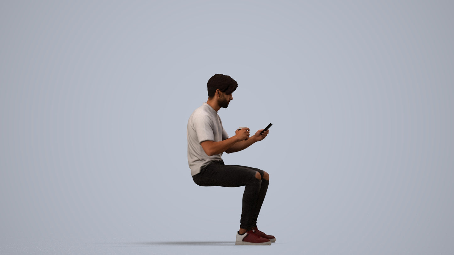 3D human model man casual sitting, photogrammetry scanned person for archviz, side view render