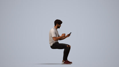 3D human model man casual sitting, photogrammetry scanned person for archviz, side view render