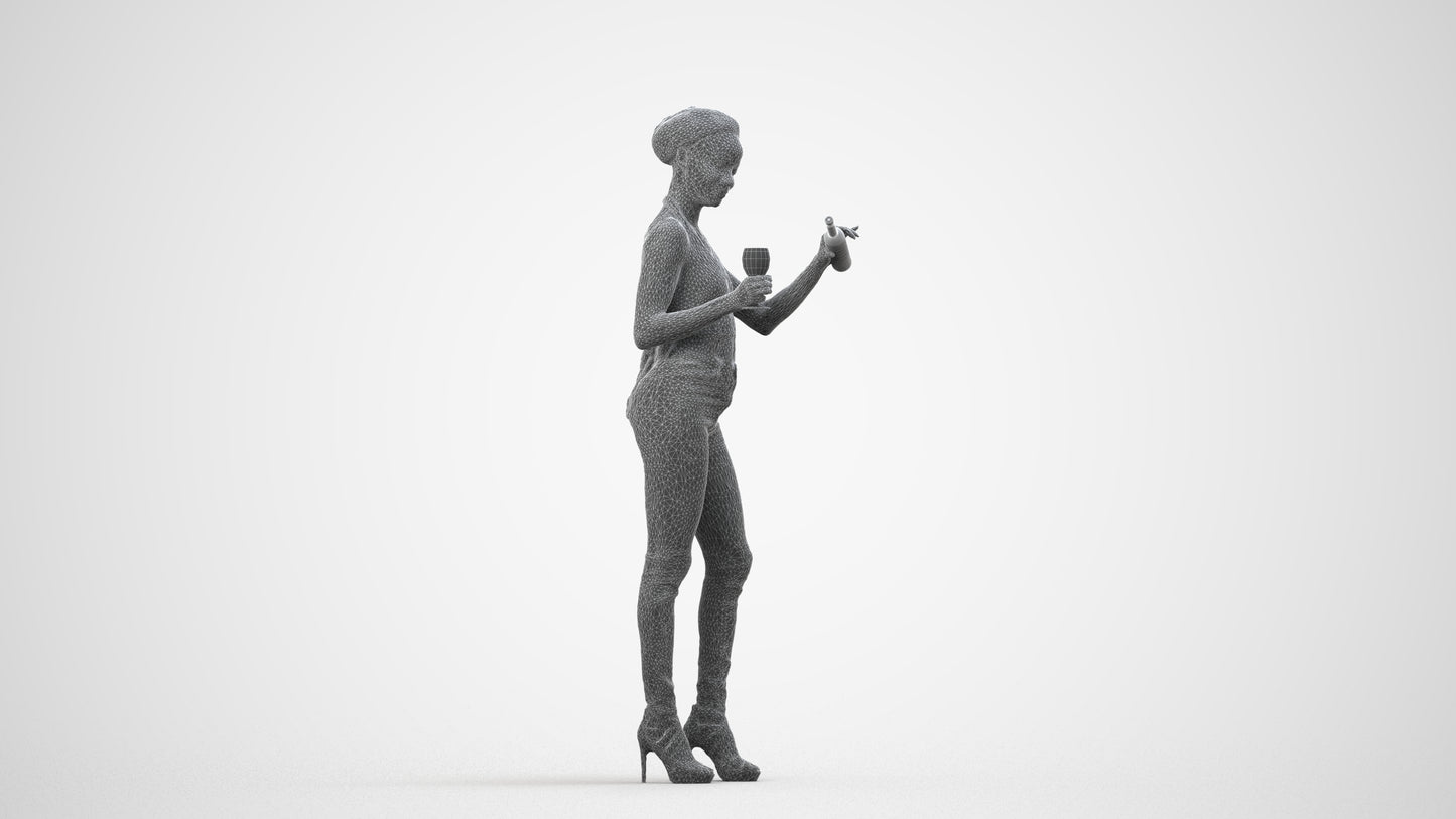 realistic 3D woman casual standing, scanned archviz people for Blender and 3ds Max, wireframe side view