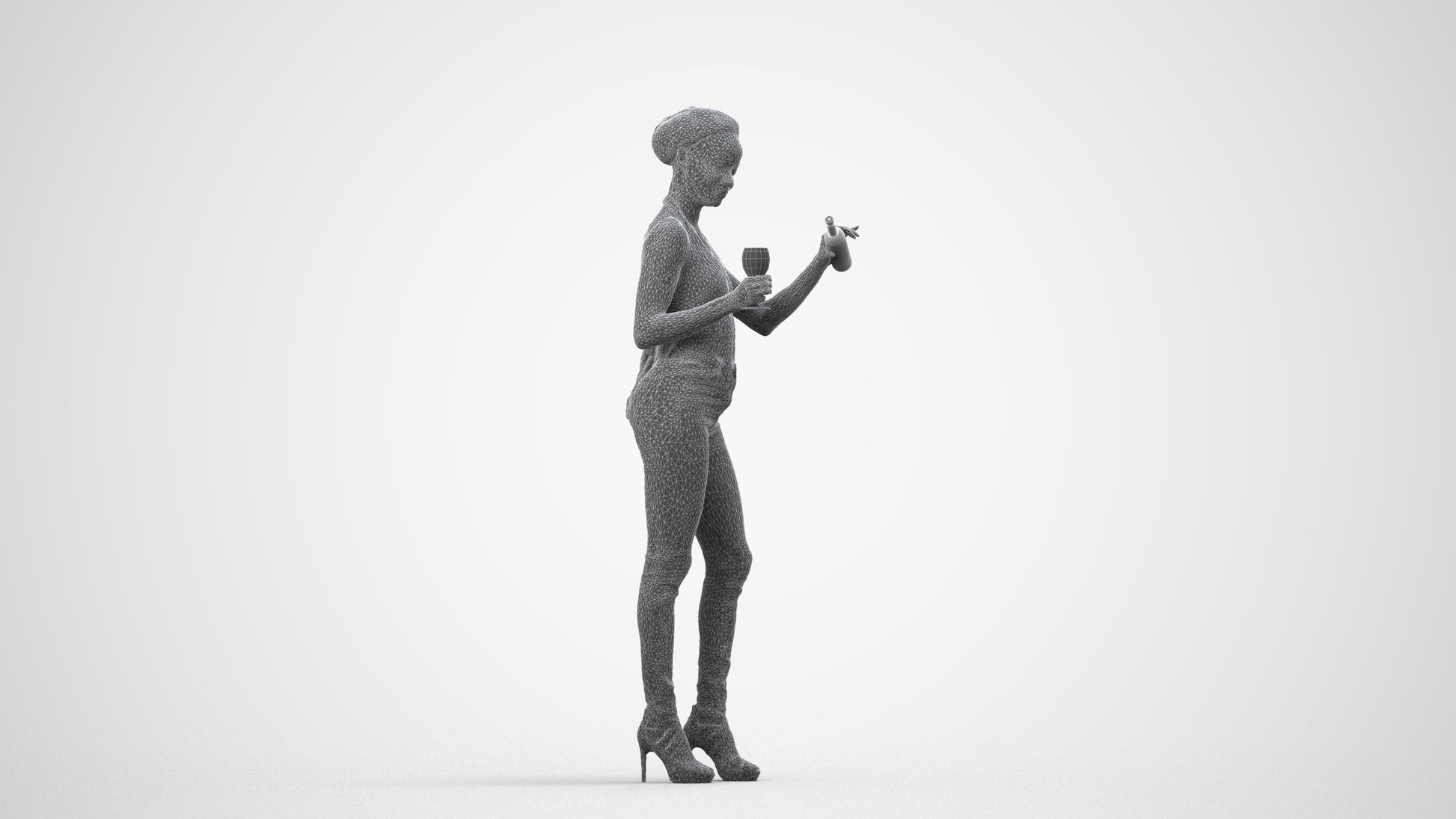 realistic 3D woman casual standing, scanned archviz people for Blender and 3ds Max, wireframe side view