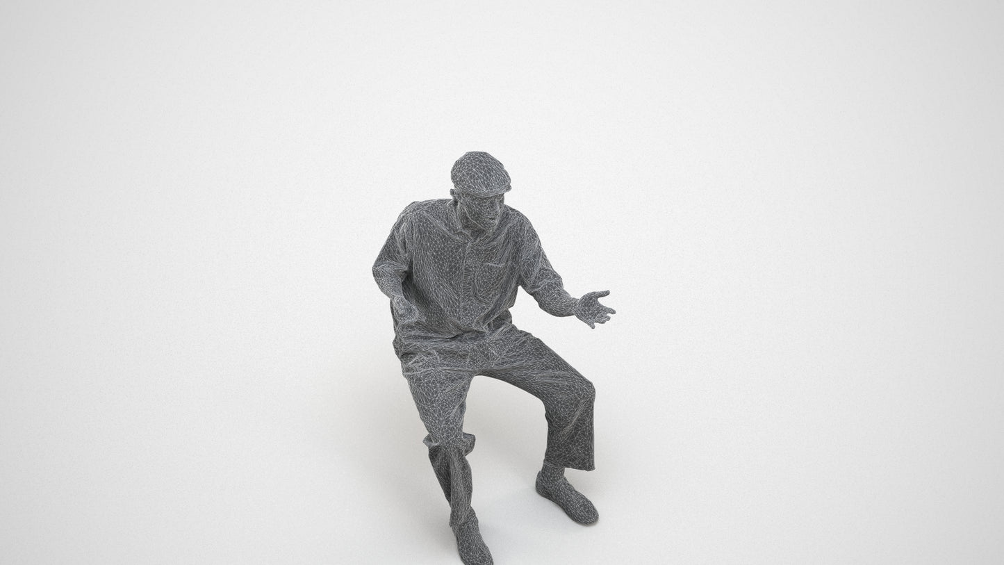 realistic 3D man casual sitting, scanned archviz people for Blender and 3ds Max, wireframe three-quarter view