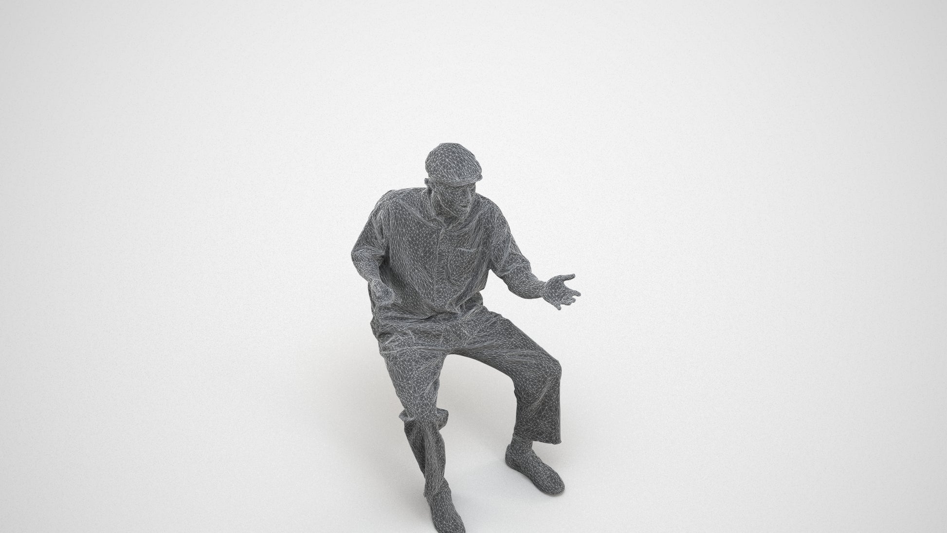 realistic 3D man casual sitting, scanned archviz people for Blender and 3ds Max, wireframe three-quarter view