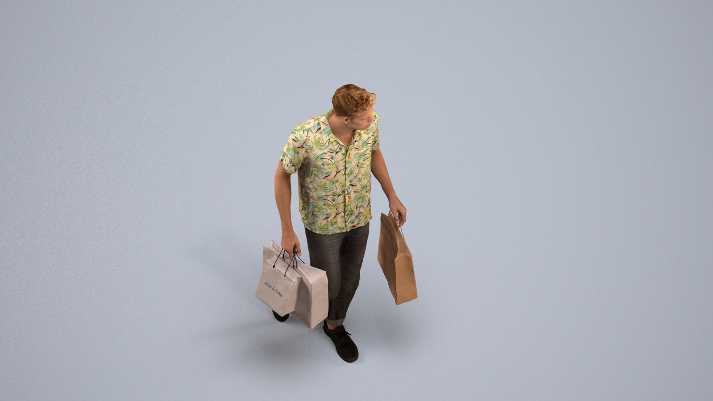 3D human model man casual shopping, photogrammetry scanned person for archviz, back view render