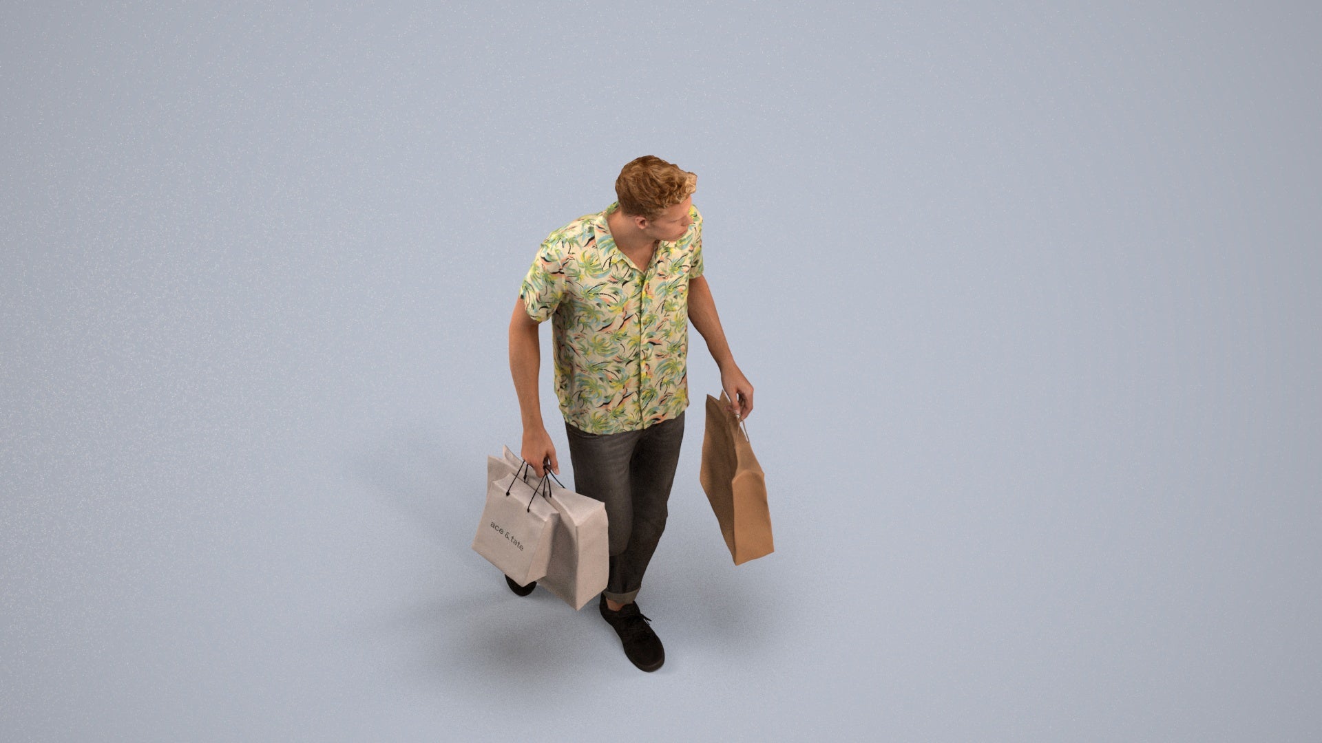 3D human model man casual shopping, photogrammetry scanned person for archviz, back view render