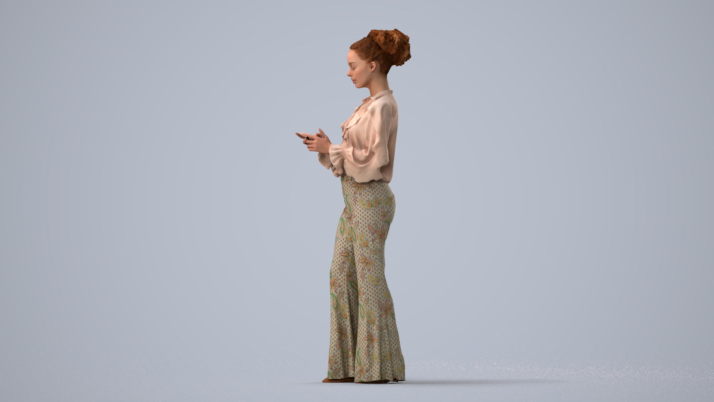 3D human model woman casual standing, photogrammetry scanned person for archviz, three-quarter view render