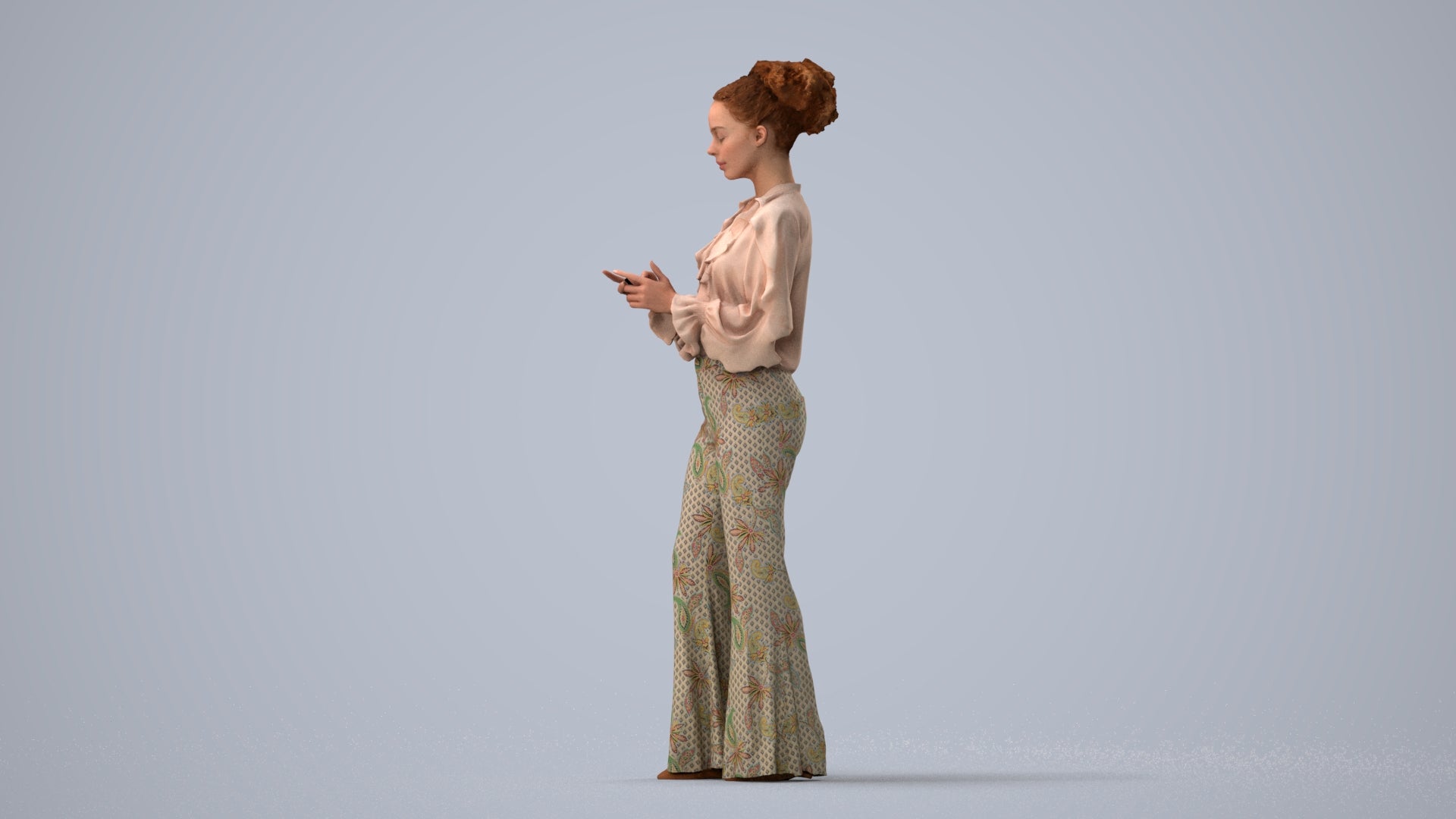 3D human model woman casual standing, photogrammetry scanned person for archviz, three-quarter view render
