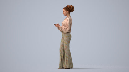 3D human model woman casual standing, photogrammetry scanned person for archviz, three-quarter view render