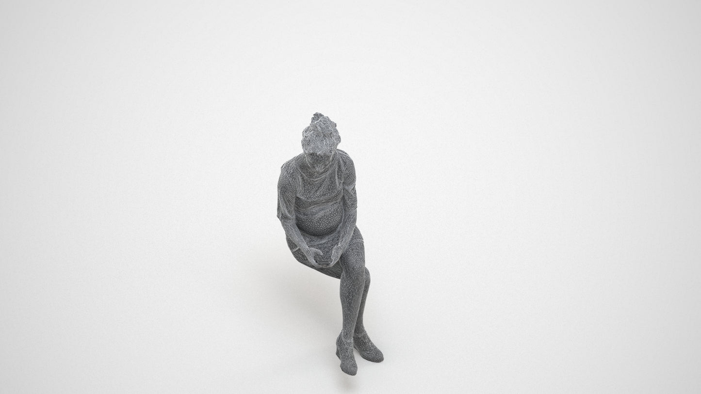 photogrammetry 3D woman casual sitting, realistic human model archviz FBX, wireframe three-quarter view