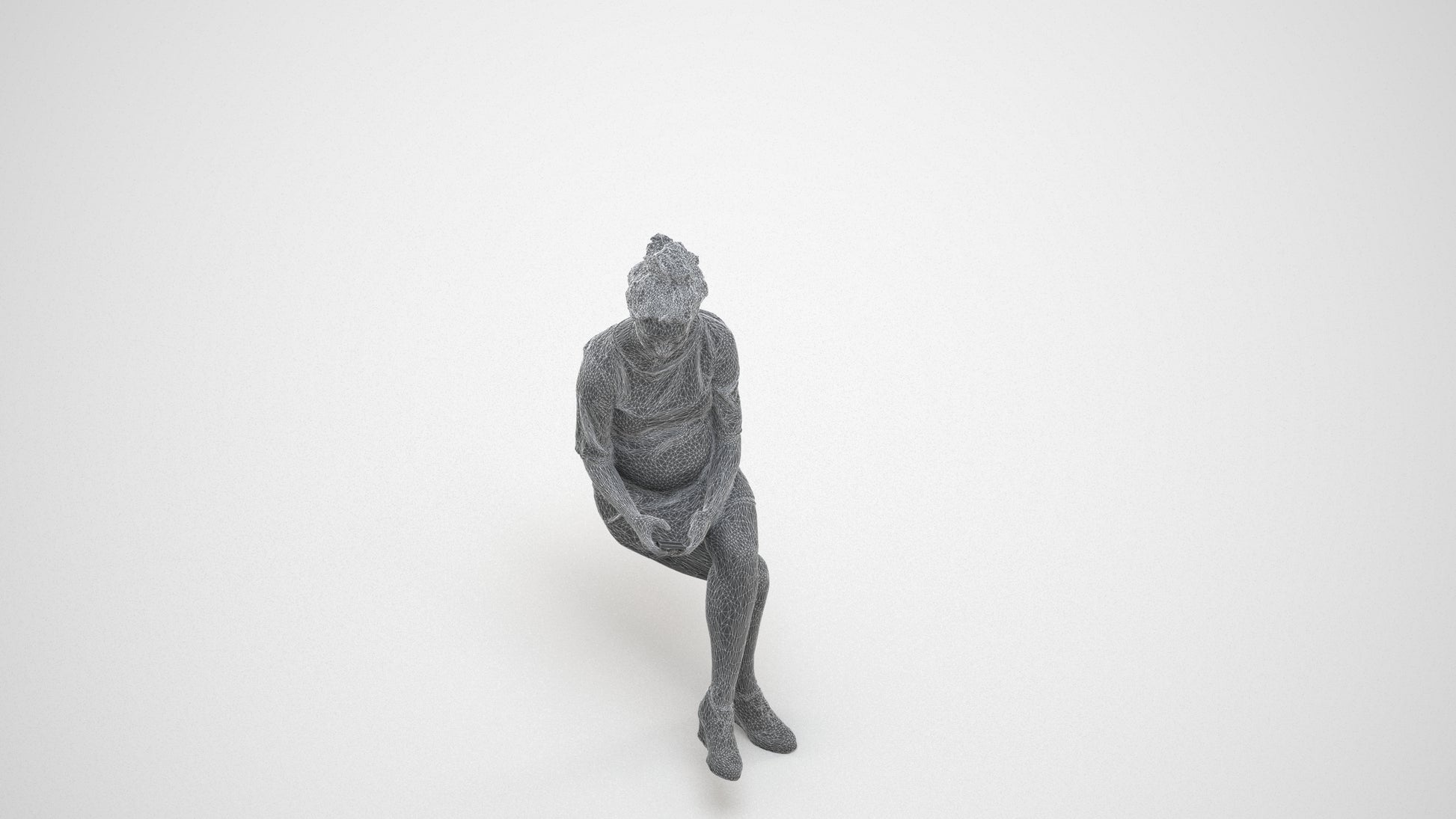 photogrammetry 3D woman casual sitting, realistic human model archviz FBX, wireframe three-quarter view