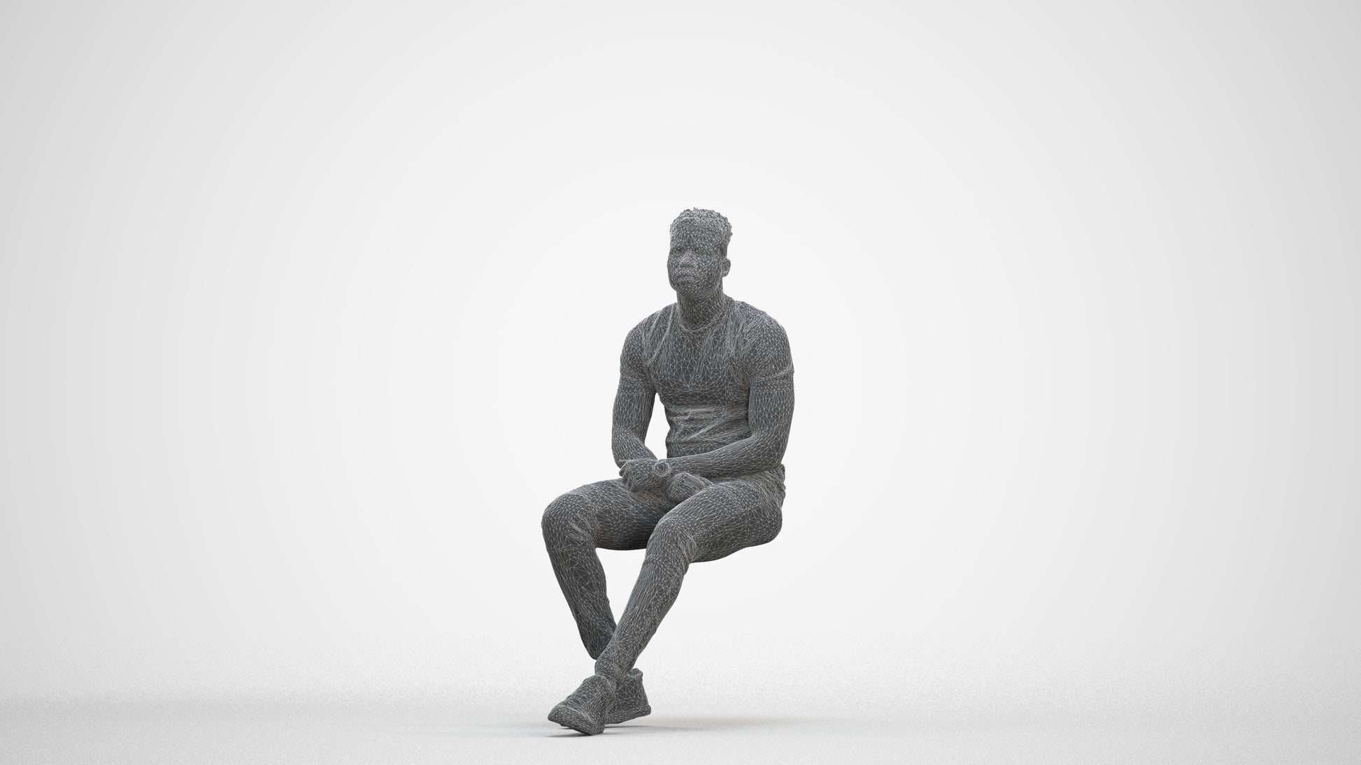 3D scanned man sitting casual, photorealistic archviz people for Enscape and SketchUp, three-quarter front view render