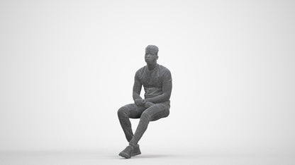 3D scanned man sitting casual, photorealistic archviz people for Enscape and SketchUp, three-quarter front view render