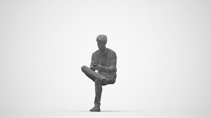 3D scanned man sitting casual, photorealistic archviz people for Enscape and SketchUp, wireframe back view