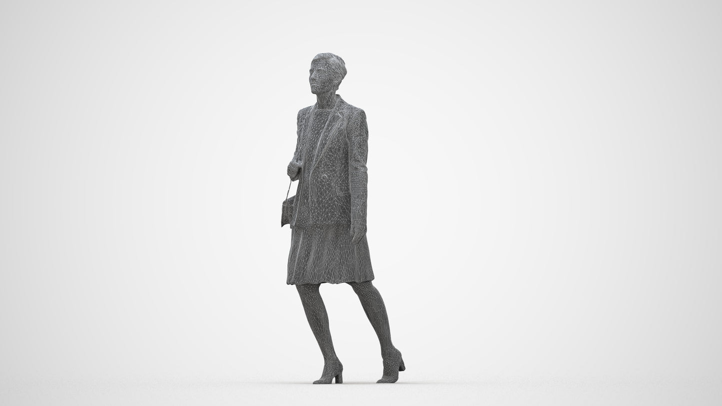 photogrammetry 3D woman business walking, realistic human model archviz FBX, wireframe back view