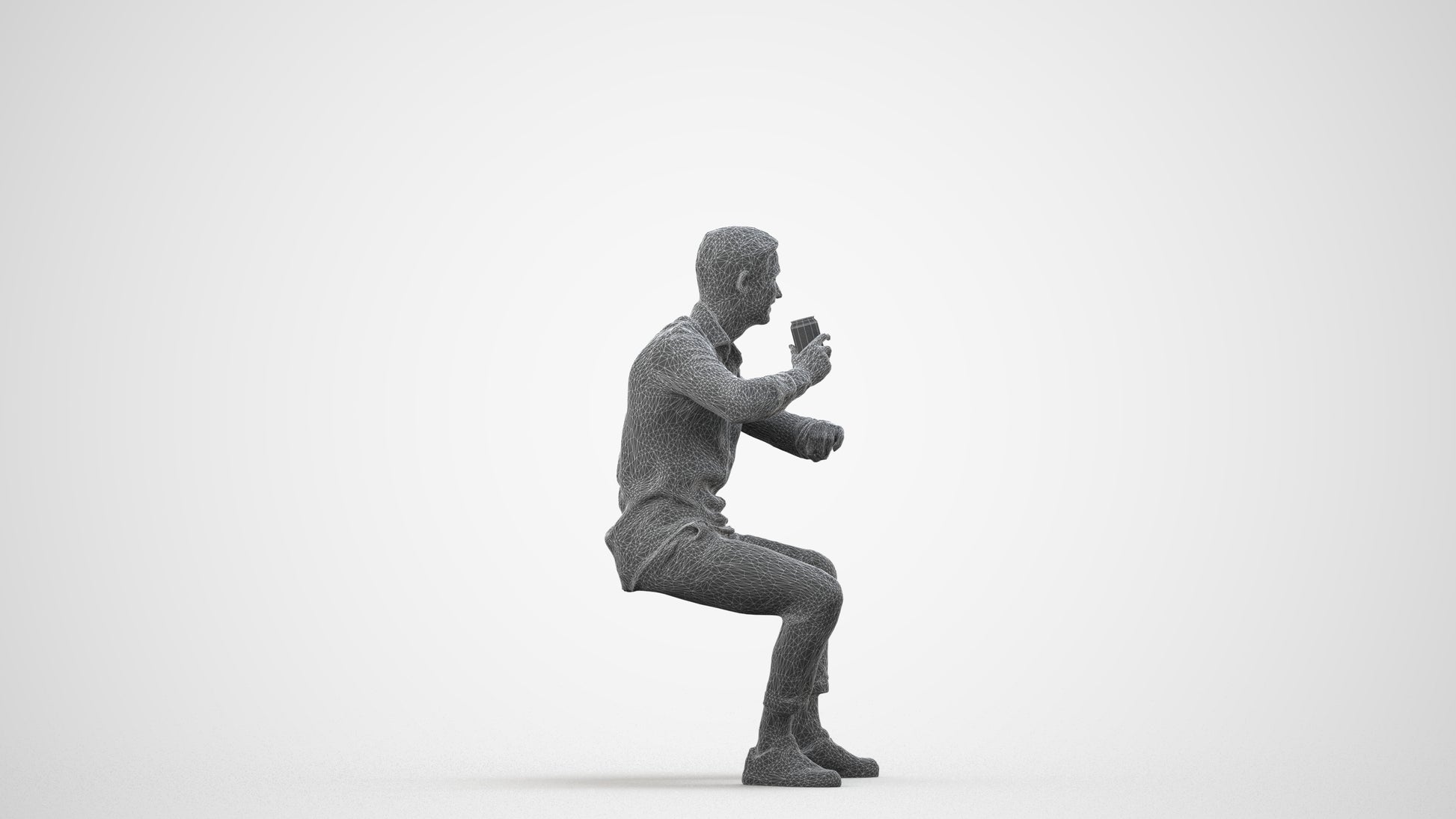 realistic 3D human man casual sitting, archviz people FBX OBJ for Blender, wireframe side view