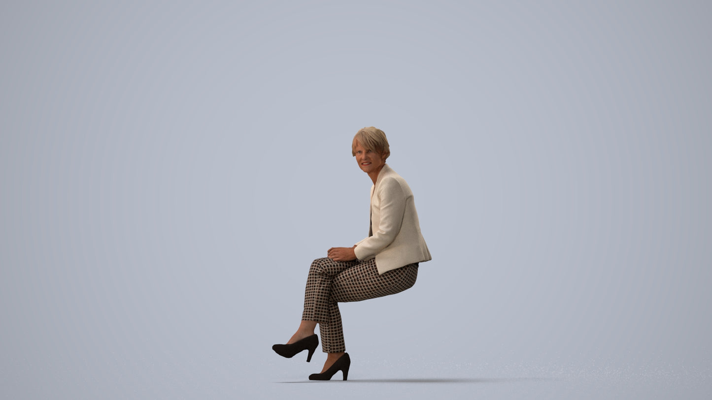 realistic 3D human senior woman business sitting, archviz people FBX OBJ for Blender, three-quarter view render