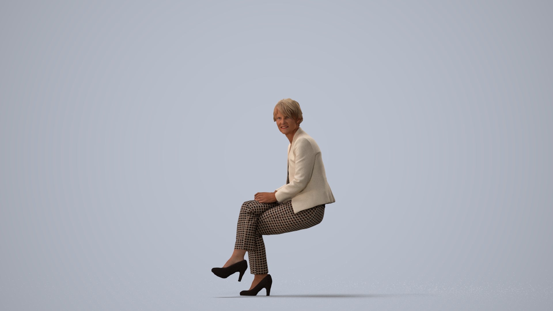 realistic 3D human senior woman business sitting, archviz people FBX OBJ for Blender, three-quarter view render