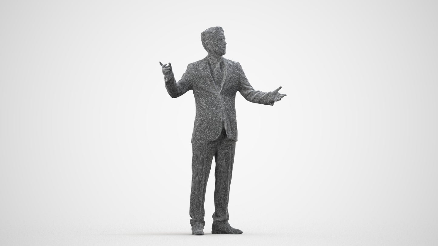 3D human model man business, photogrammetry scanned person for archviz, wireframe side view