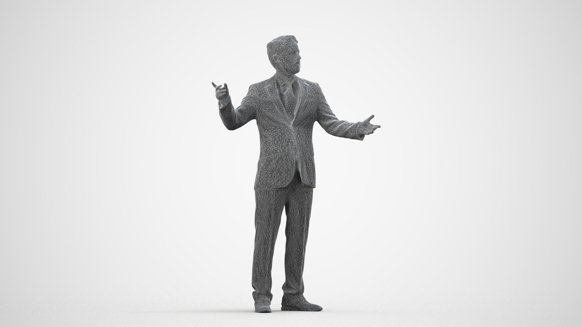 3D human model man business, photogrammetry scanned person for archviz, wireframe side view