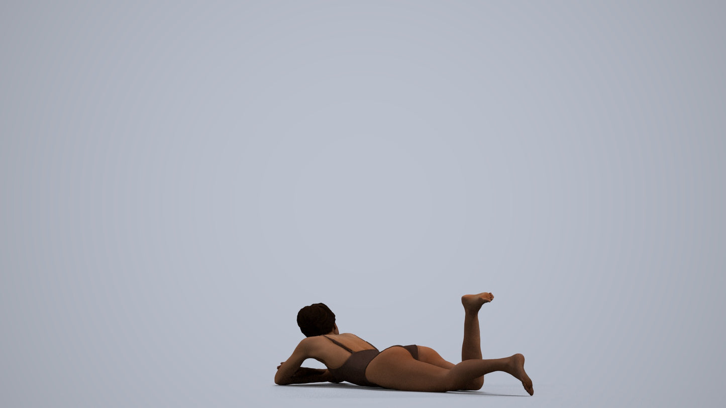 3D human model woman casual pool, photogrammetry scanned person for archviz, front view render