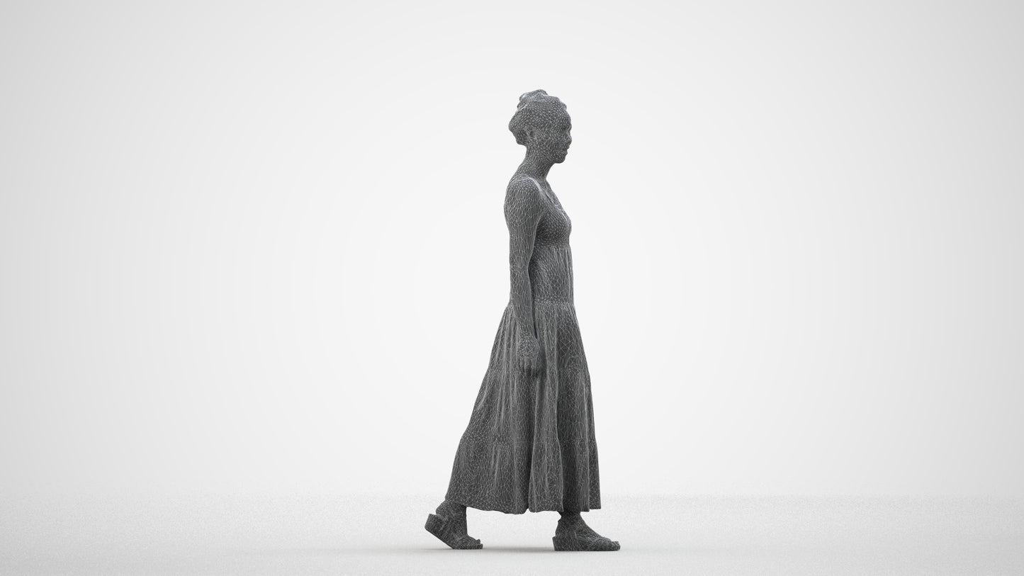 3D scanned woman walking casual, photorealistic archviz people for Enscape and SketchUp, wireframe side view
