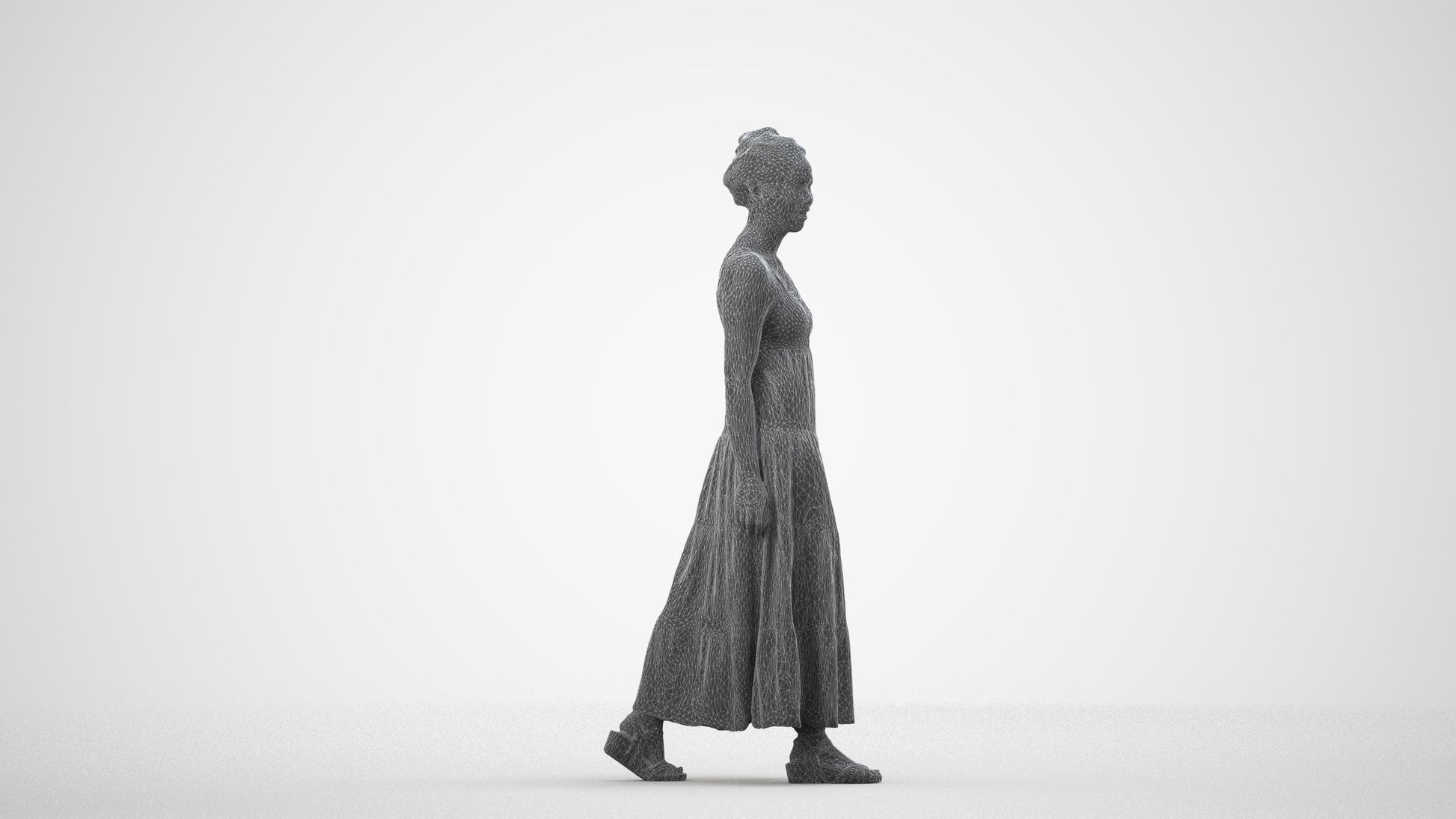 3D scanned woman walking casual, photorealistic archviz people for Enscape and SketchUp, wireframe side view