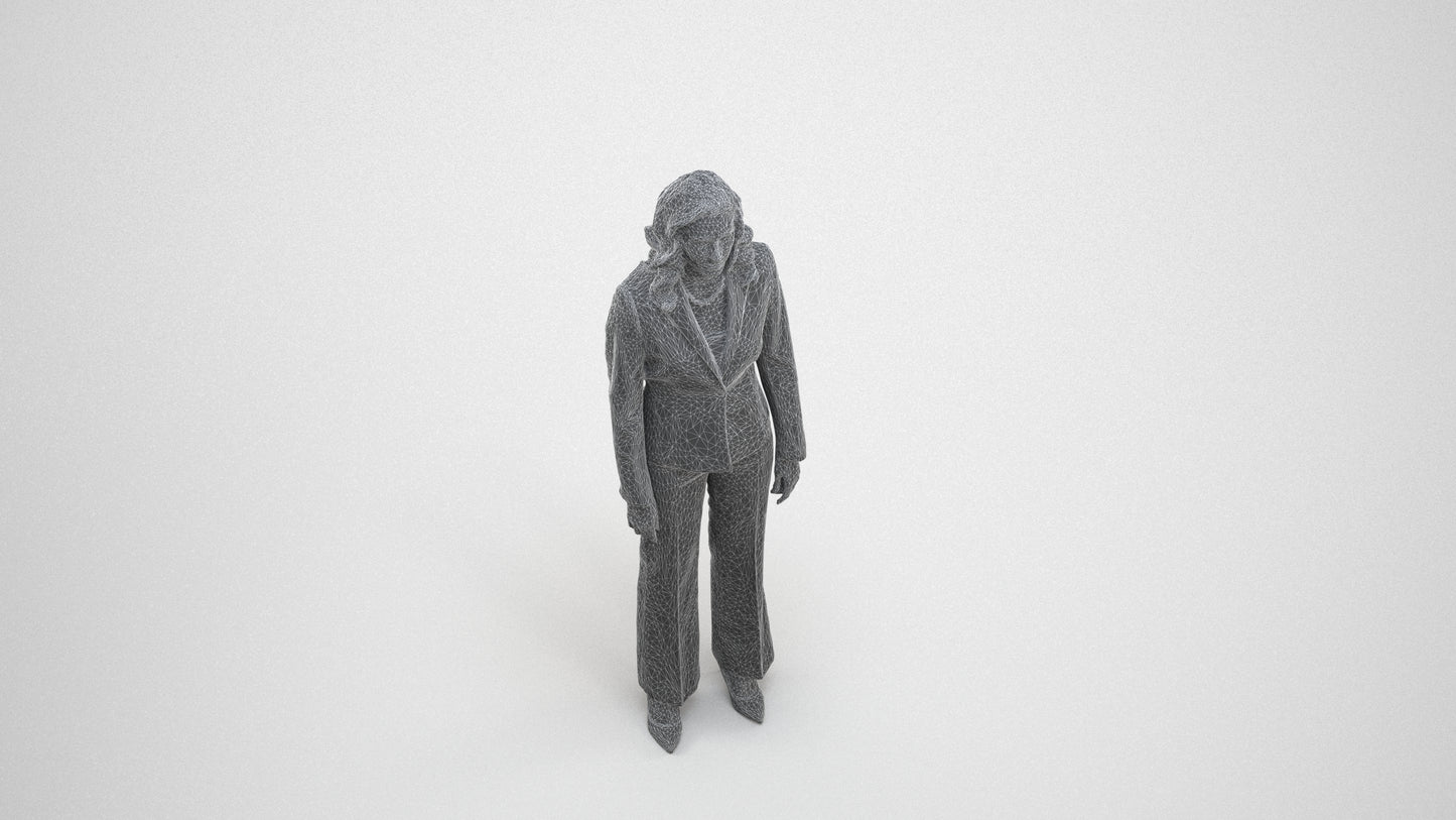 photogrammetry 3D woman business standing, realistic human model archviz FBX, wireframe three-quarter view