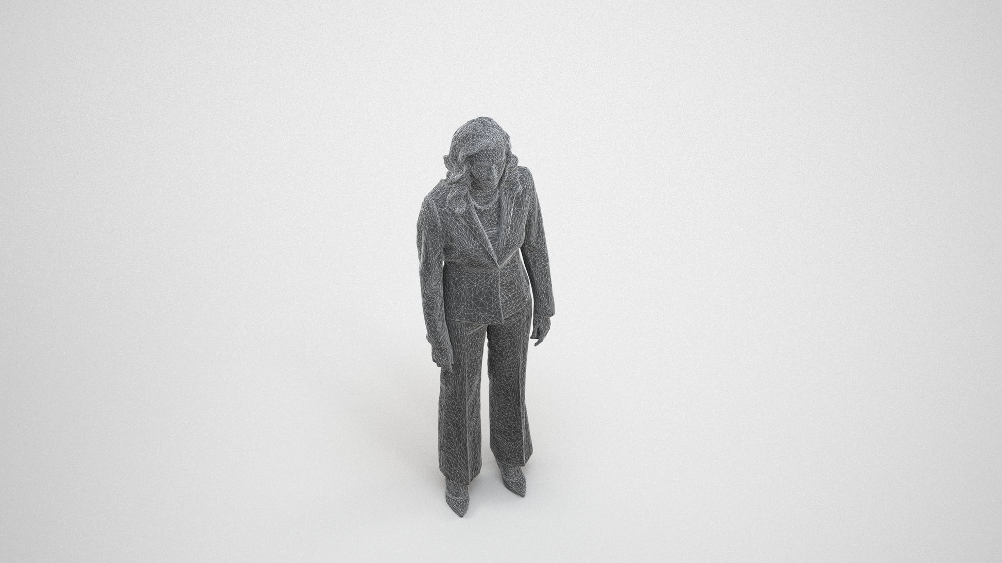 photogrammetry 3D woman business standing, realistic human model archviz FBX, wireframe three-quarter view