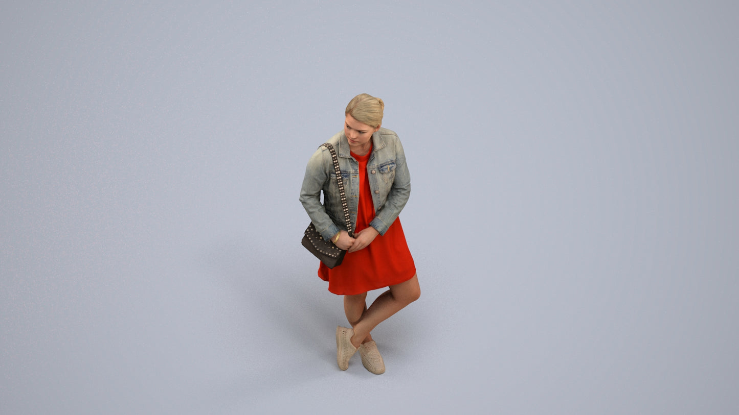 realistic 3D human woman casual standing, archviz people FBX OBJ for Blender, back view render