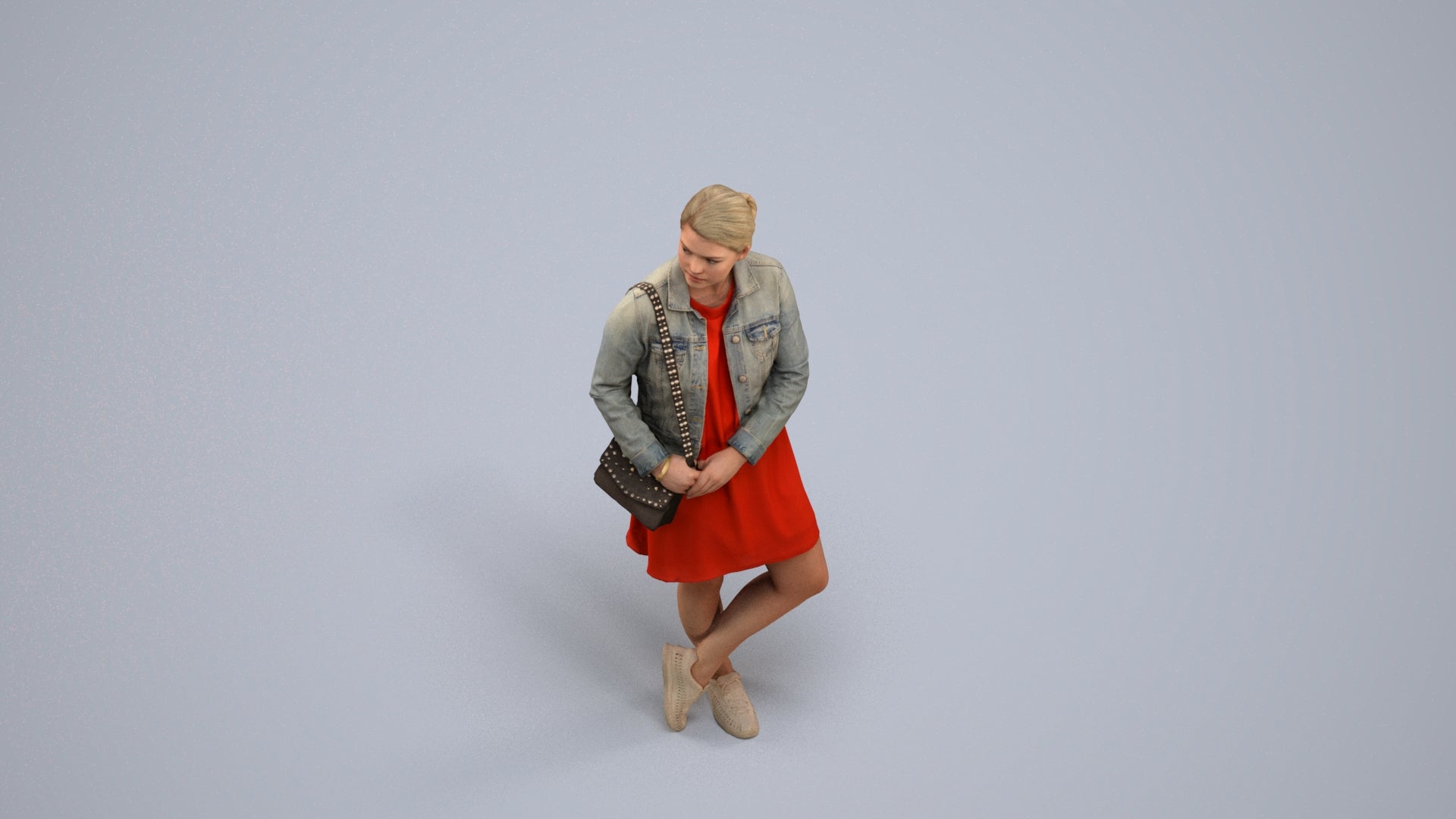 realistic 3D human woman casual standing, archviz people FBX OBJ for Blender, back view render