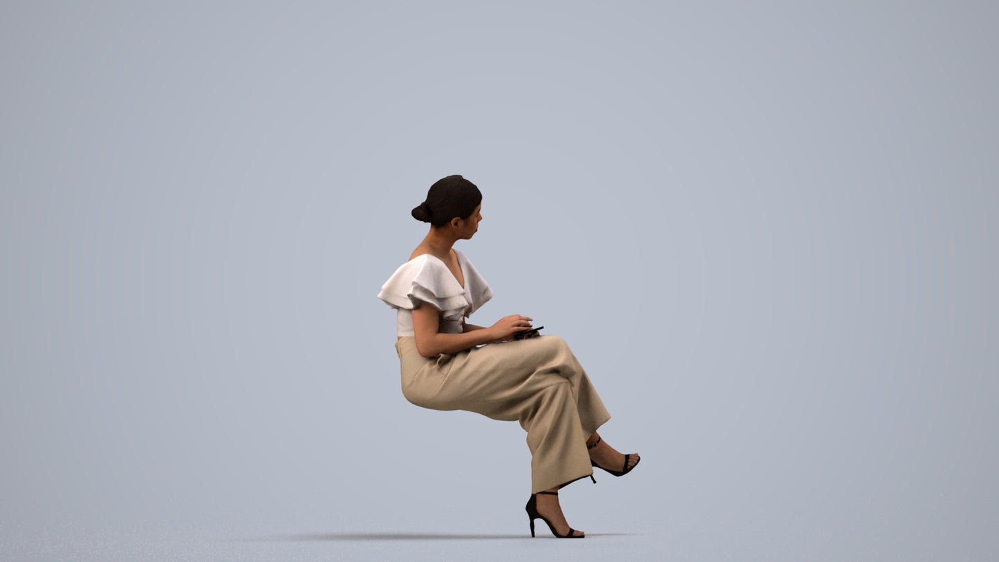 realistic 3D woman business sitting, scanned archviz people for Blender and 3ds Max, side view render
