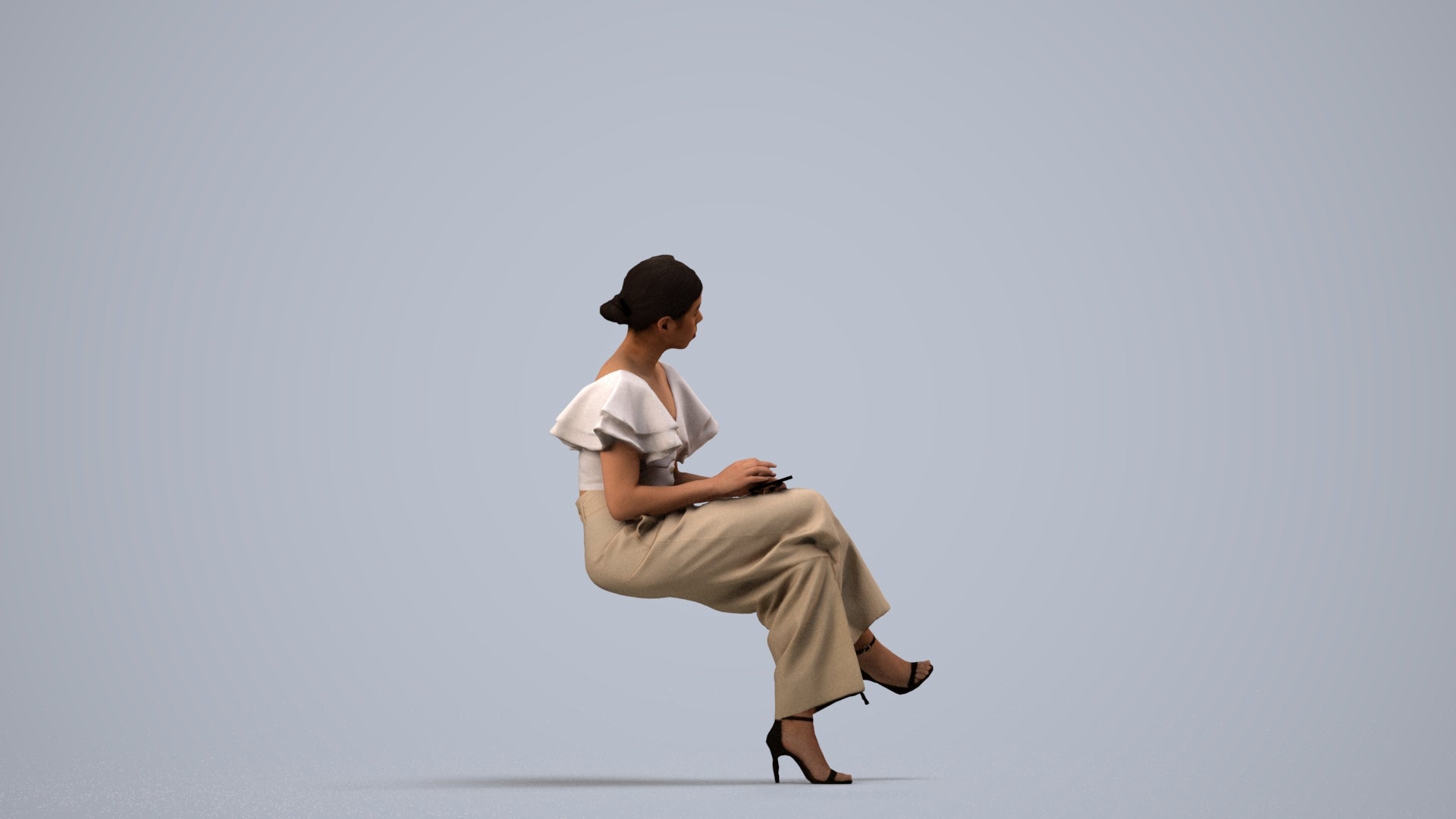 realistic 3D woman business sitting, scanned archviz people for Blender and 3ds Max, side view render