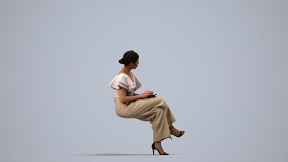 realistic 3D woman business sitting, scanned archviz people for Blender and 3ds Max, side view render