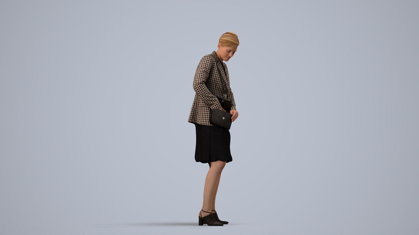 photogrammetry 3D woman business standing, realistic human model archviz FBX, side view render