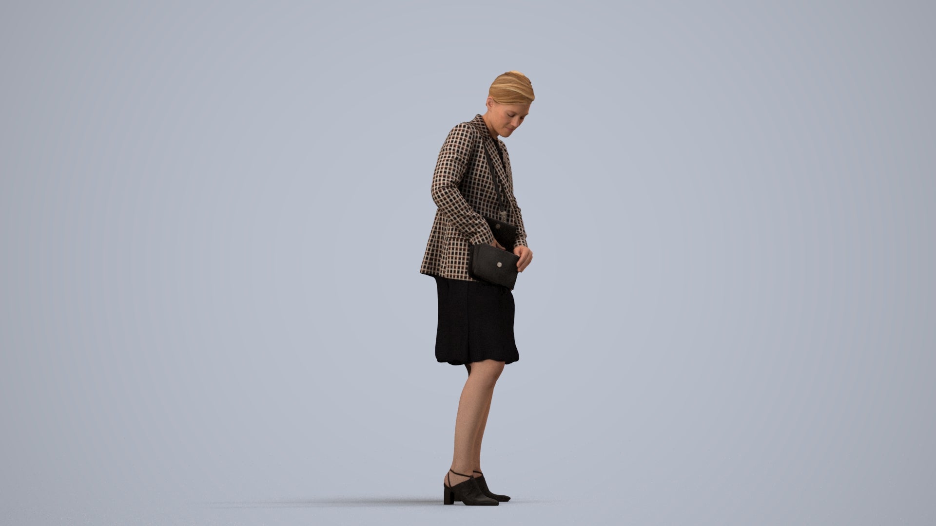 photogrammetry 3D woman business standing, realistic human model archviz FBX, side view render