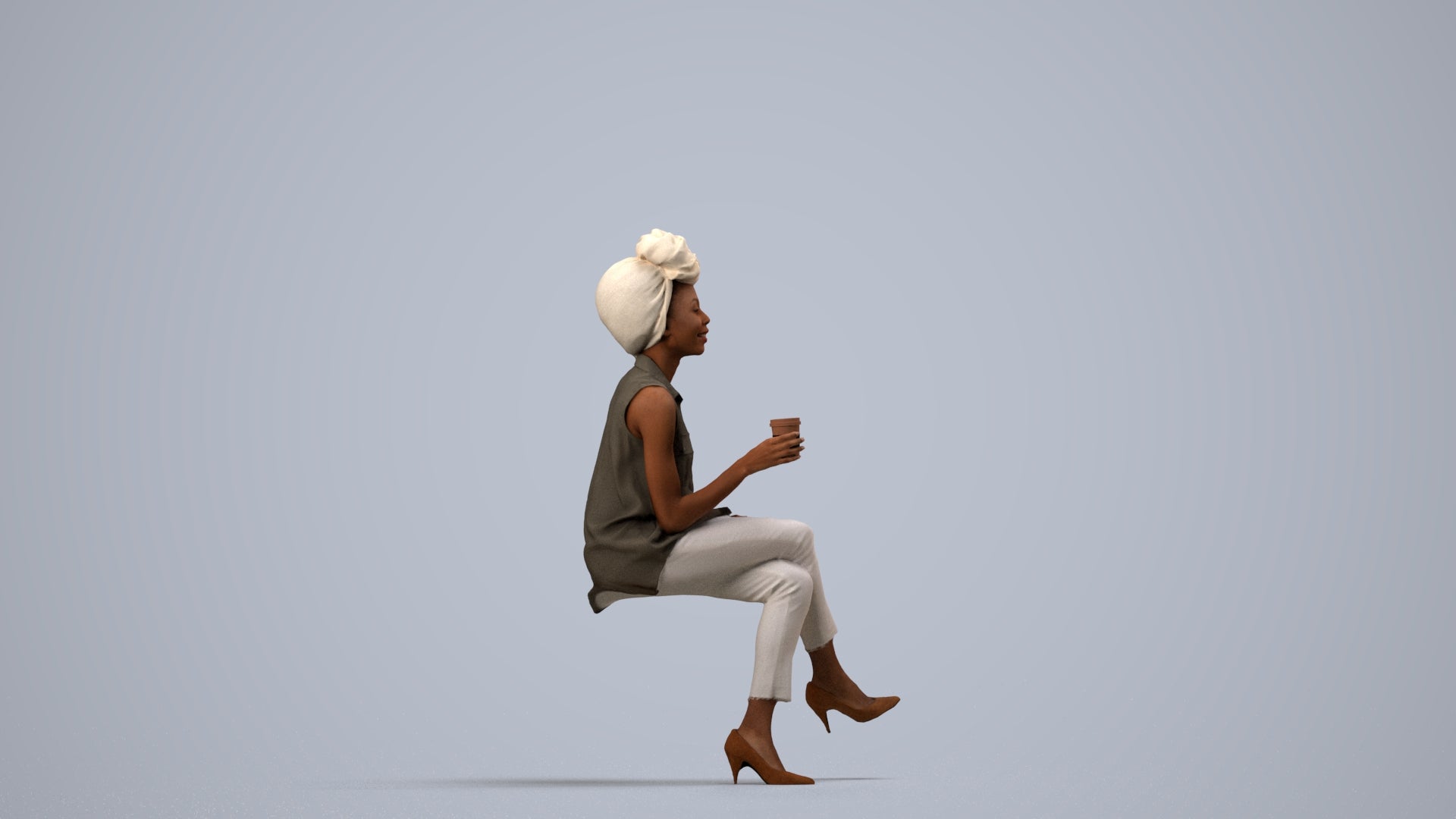 photogrammetry 3D woman casual sitting, realistic human model archviz FBX, side view render