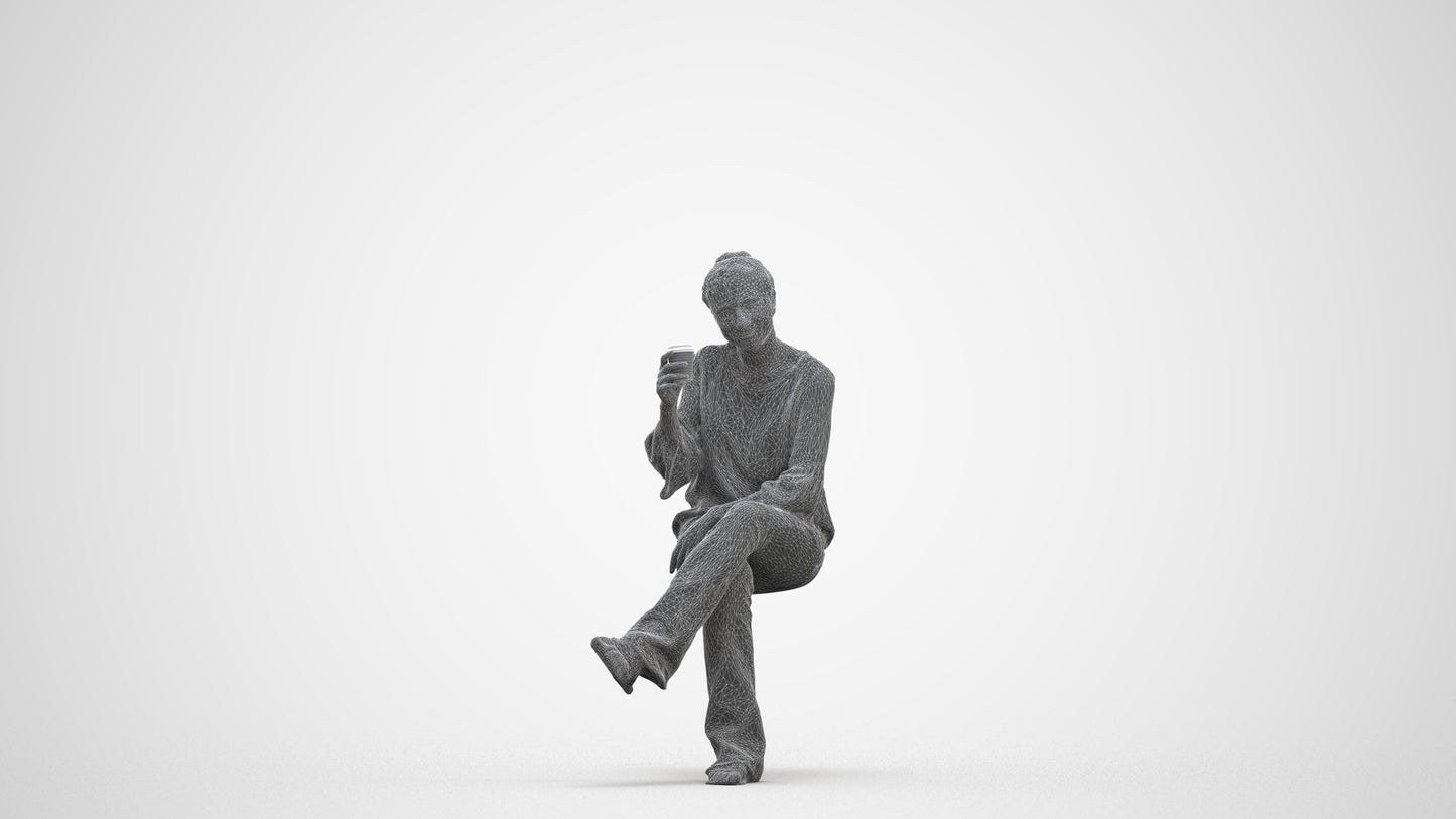 realistic 3D woman casual sitting, scanned archviz people for Blender and 3ds Max, three-quarter front view render