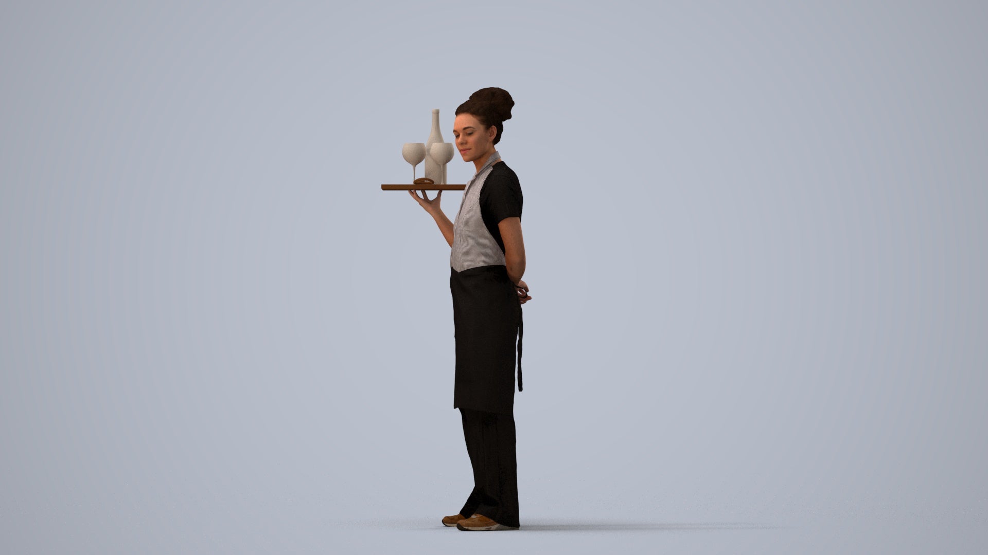 realistic 3D human woman hospitality, archviz people FBX OBJ for Blender, three-quarter view render