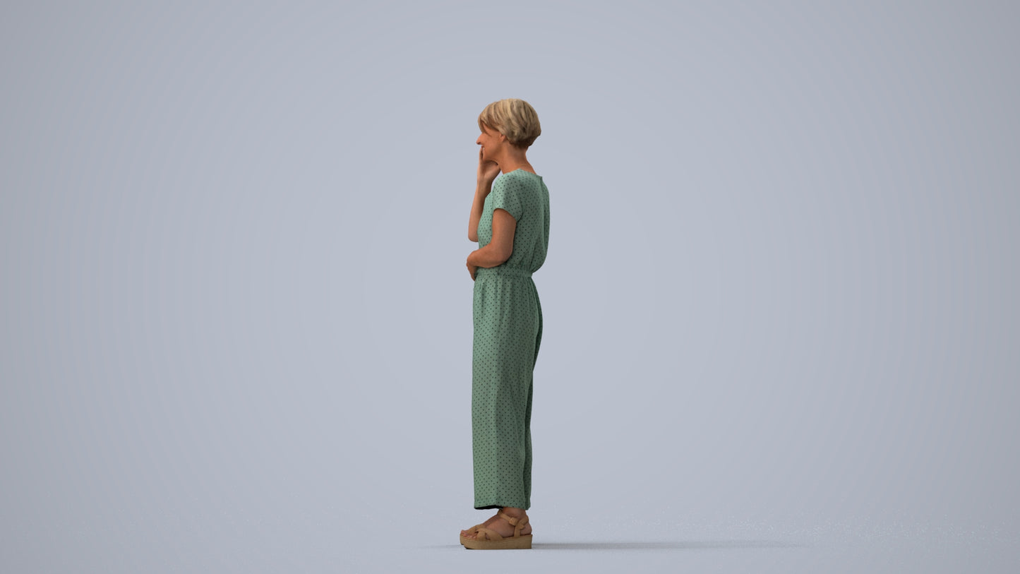 realistic 3D senior woman casual standing, scanned archviz people for Blender and 3ds Max, three-quarter view render