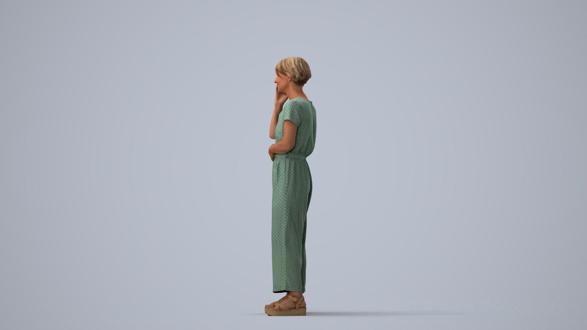 realistic 3D senior woman casual standing, scanned archviz people for Blender and 3ds Max, three-quarter view render