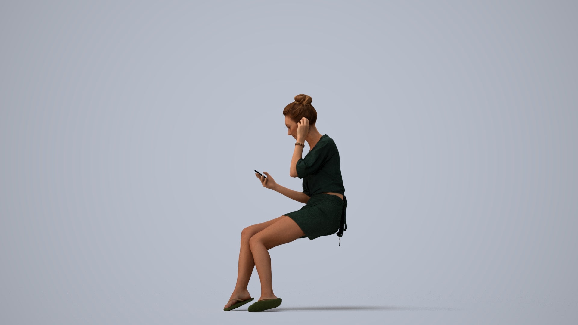 3D human model woman casual sitting, photogrammetry scanned person for archviz, three-quarter view render