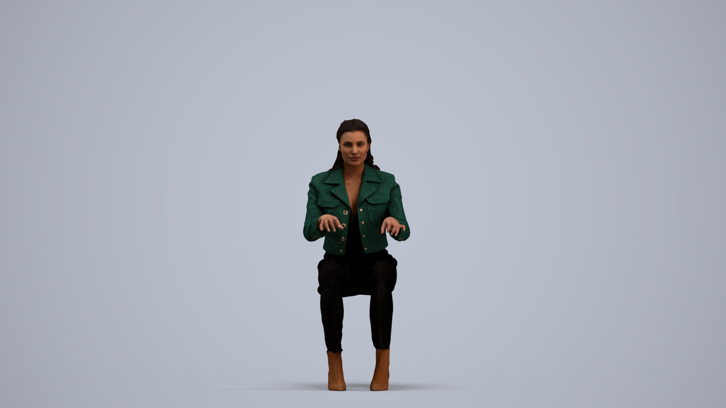 3D human model woman business sitting, photogrammetry scanned person for archviz, standing pose render
