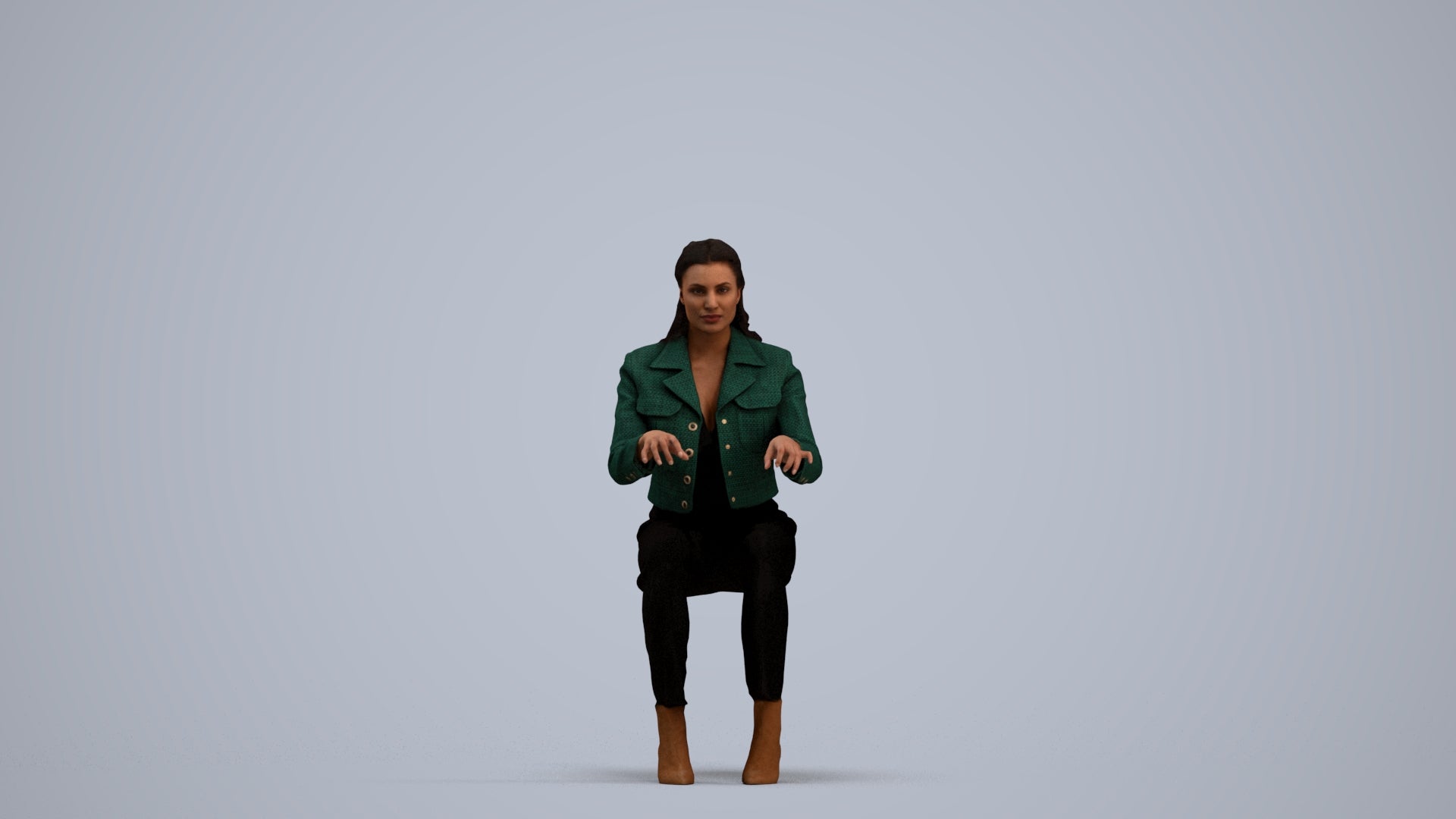 3D human model woman business sitting, photogrammetry scanned person for archviz, standing pose render