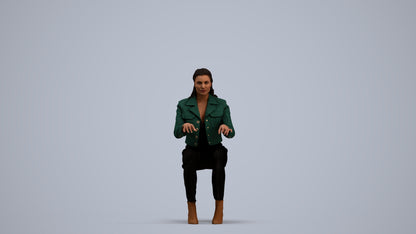 3D human model woman business sitting, photogrammetry scanned person for archviz, standing pose render