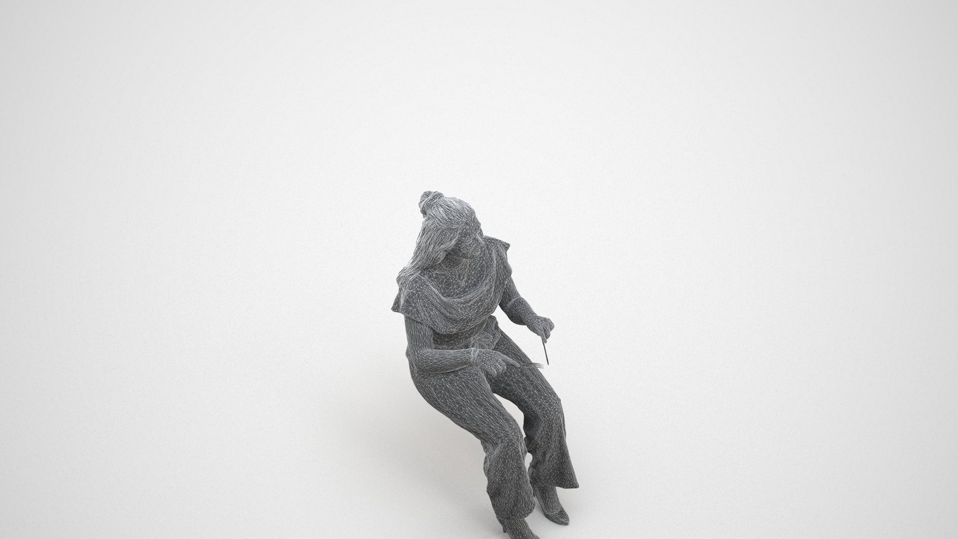 realistic 3D people woman casual sitting, render-ready for V-Ray and Corona, FBX OBJ, wireframe three-quarter view