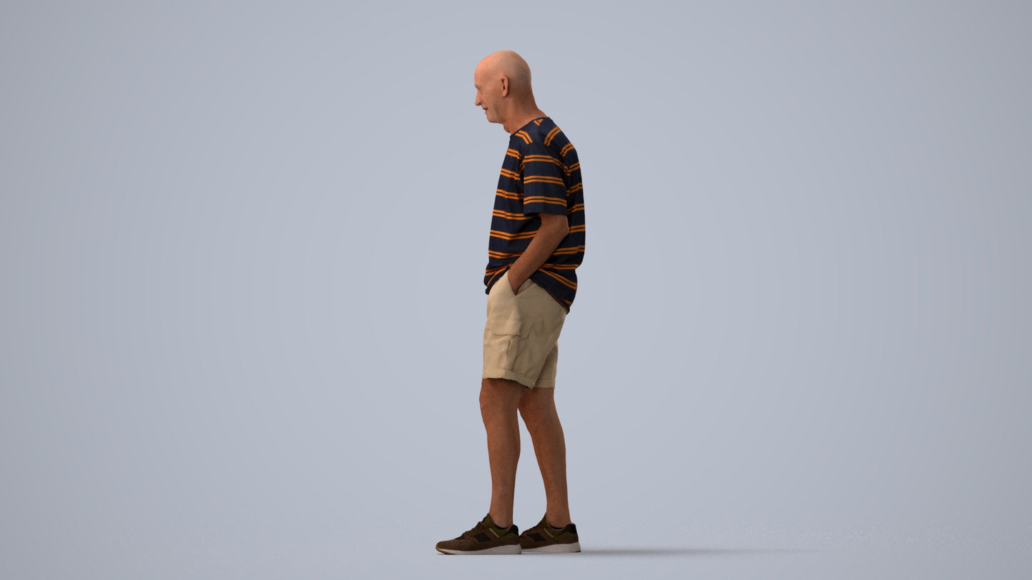 realistic 3D senior man casual standing, scanned archviz people for Blender and 3ds Max, three-quarter view render