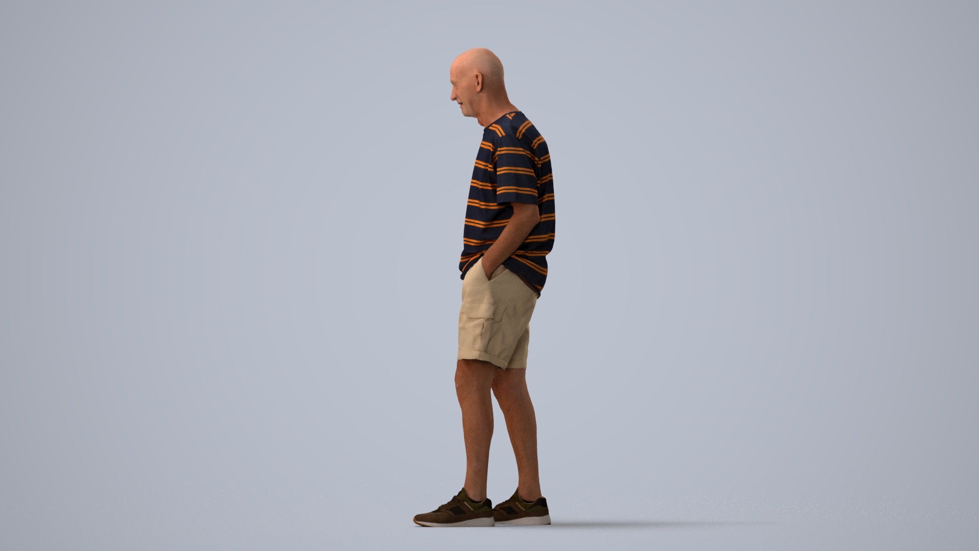 realistic 3D senior man casual standing, scanned archviz people for Blender and 3ds Max, three-quarter view render